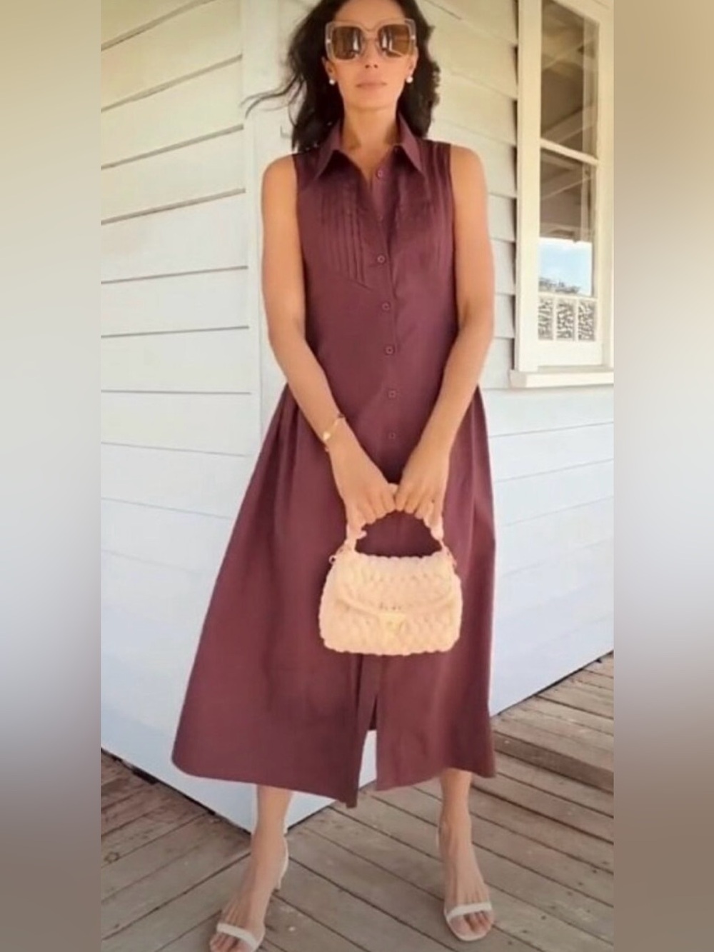 Maye Corinne Shirtdress - LARGE Midi sleeveless cotton shirt dress PLUM